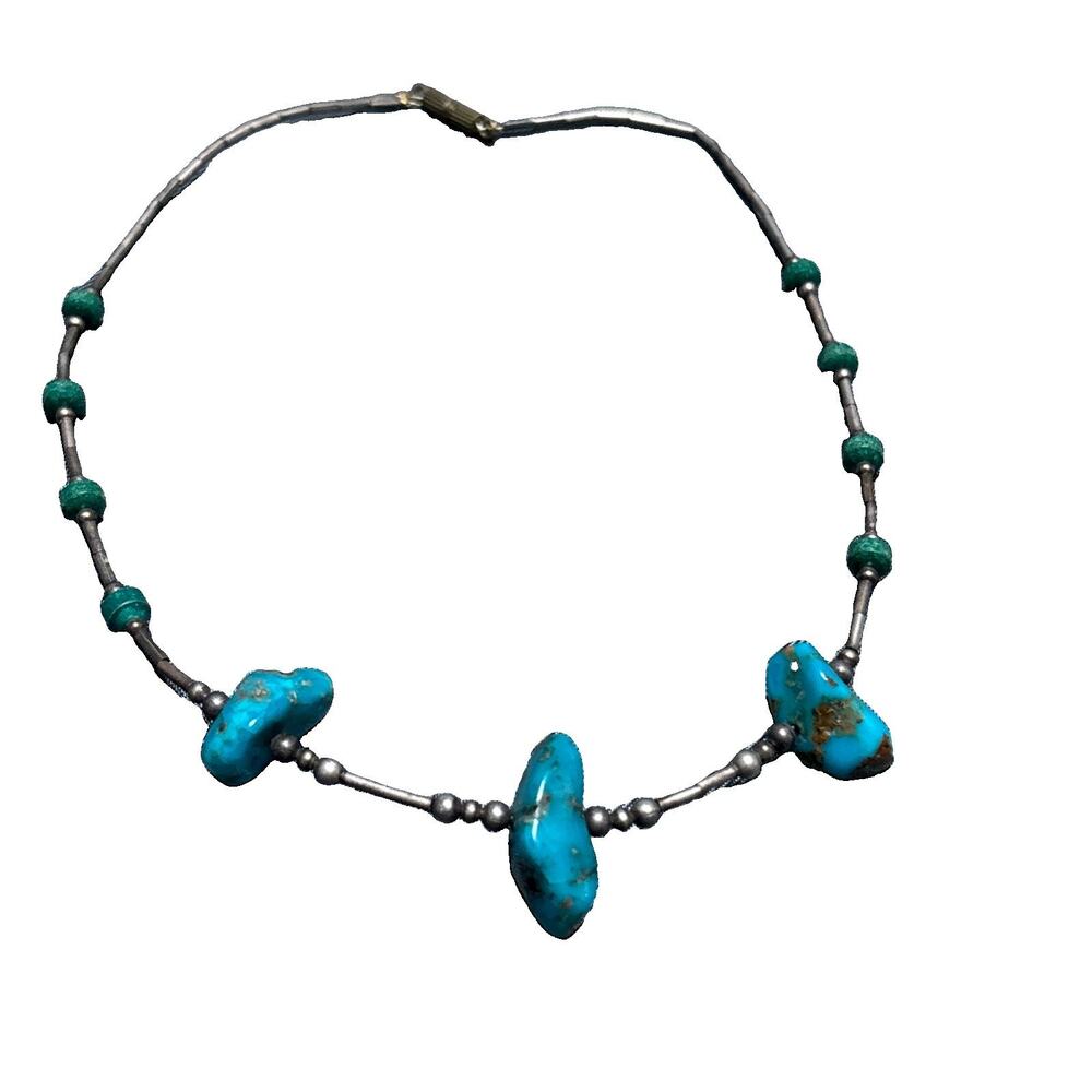 Vintage Native American Liquid Sterling Silver & Turquoise Necklace 15” Long